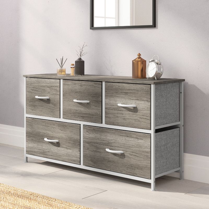 Emma and Oliver 5 Drawer Storage Dresser with Cast Iron Frame, Wood Top, and Easy Pull Fabric Drawers with Wooden Handles, 2 of 12