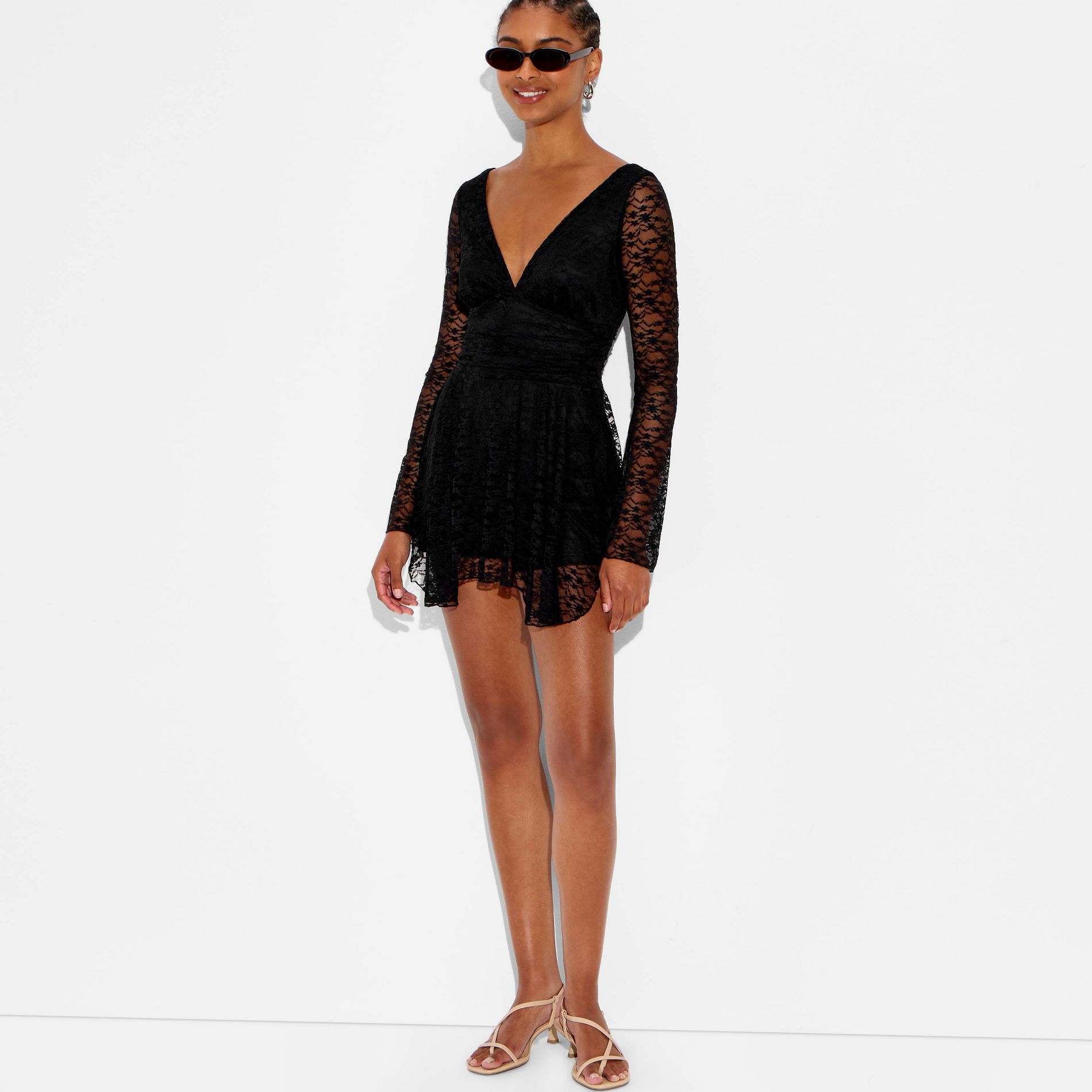 Women's Lace V-Neck Bell Sleeve Romper - Wild Fable™ Black