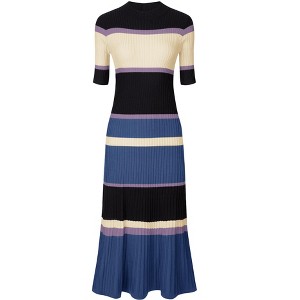 INSPIRE CHIC Women's Striped Ribbed Short Sleeve Midi Basic Knitted Dresses - 1 of 4