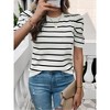 Womens Short Sleeve Puff Sleeve Round Neck Color Block Striped Sweater - 4 of 4