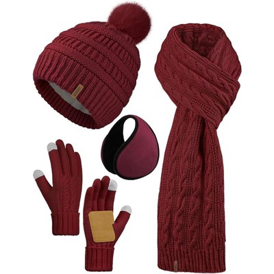 ZUPPAD 4-in-1 Women Winter Beanie Hat Scarf Touchscreen Gloves Ear Warmer Set Fleece Lined Warm Knit Skull Cap with Pom Pom