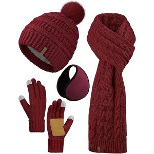 ZUPPAD 4-in-1 Women Winter Beanie Hat Scarf Touchscreen Gloves Ear Warmer Set Fleece Lined Warm Knit Skull Cap with Pom Pom - 1 of 4