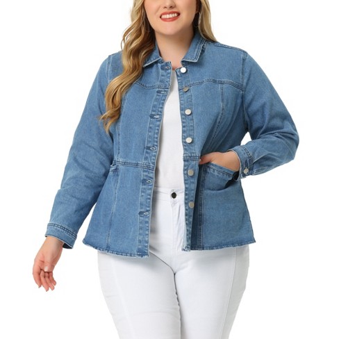 Unique Bargains Women's Plus Size Frayed Denim Jacket