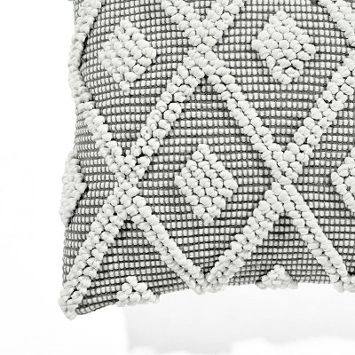 Gray and White Embroidered Cotton-Polyester Square Pillow Cover