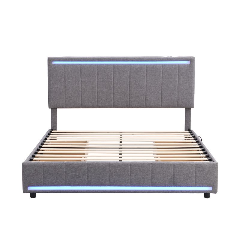 Queen/Full Size Linen Upholstered Bed with LED Light and 4 Drawers, Modern Platform Bed with a set of Sockets and USB Ports - ModernLuxe, 5 of 12