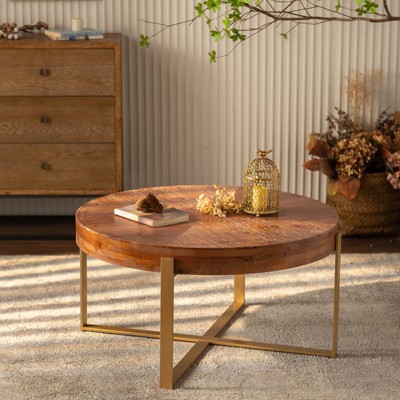Retro Splicing Round Coffee Table, Modern Coffee Table With Fir Wood Table Top And Metal Cross Legs Base For Living Room Home Office
