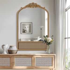 Dovelina Arch Wood Frame Carving Decorative Wall Mirror Bottom with Rattan Hanging Mirror - 1 of 4