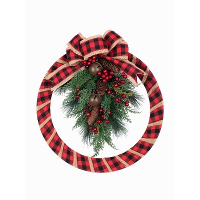18in Buffalo Check Homespun Artificial Christmas Wreath - Haute Décor: Predecorated, Indoor/Outdoor, PVC & Iron