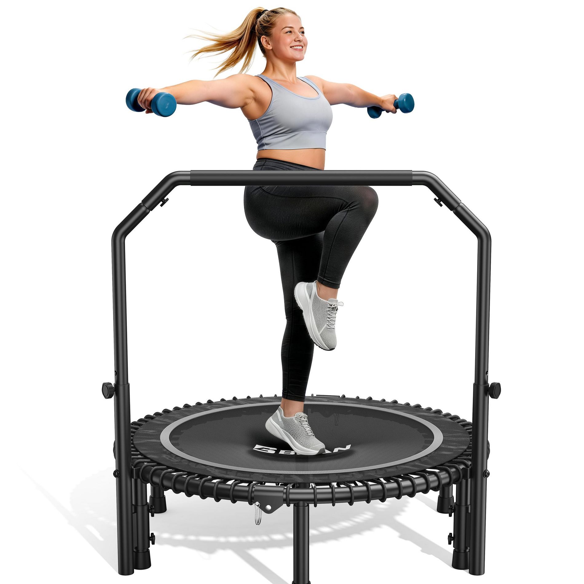 BCAN 450LBS Mini Rebounder Trampoline for Adults with Bar, Indoor/Outdoor Fitness Trampoline with Bungees, Whole-Body Workout & Relaxation at Home