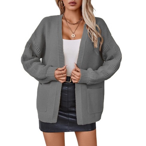 Womens Chunky Sweater Cardigan Open Front Loose Fit Long Sleeve Sweater Cardigan With Side Pocket dark Grey L Target