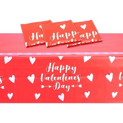 Sparkle and Bash 3 Pack Red Plastic Tablecloth with White Hearts for Valentine's Day (54 x 108 in)