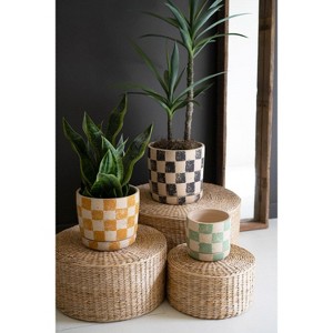 Checkered Clay Planters with Trays Set of 3 – 11" Tall by Kalalou - 1 of 4