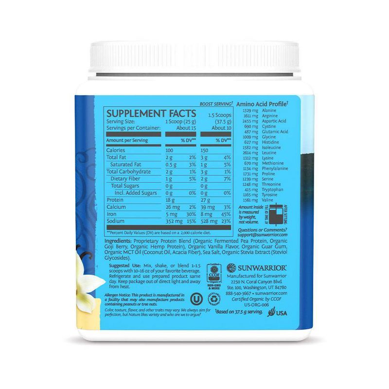 Sunwarrior Organic Plant Protein Powder - Vanilla - 13.2oz, 3 of 9