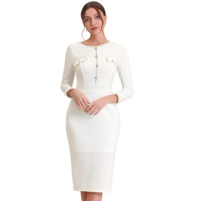 Allegra K Women's Elegant Tweed Contrast Button Decor Bodycon Midi Dresses