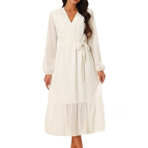 Seta T Women's Swiss Dots Maxi Long Sleeve V Neck Boho High Waisted A-Line Dress - 1 of 4