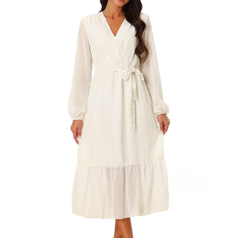 Seta T Women's Swiss Dots Maxi Long Sleeve V Neck Boho High Waisted A-Line Dress, 1 of 6