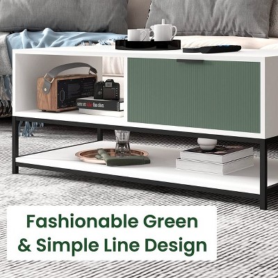 Watson White and Green Rectangular Wood Coffee Table with Storage