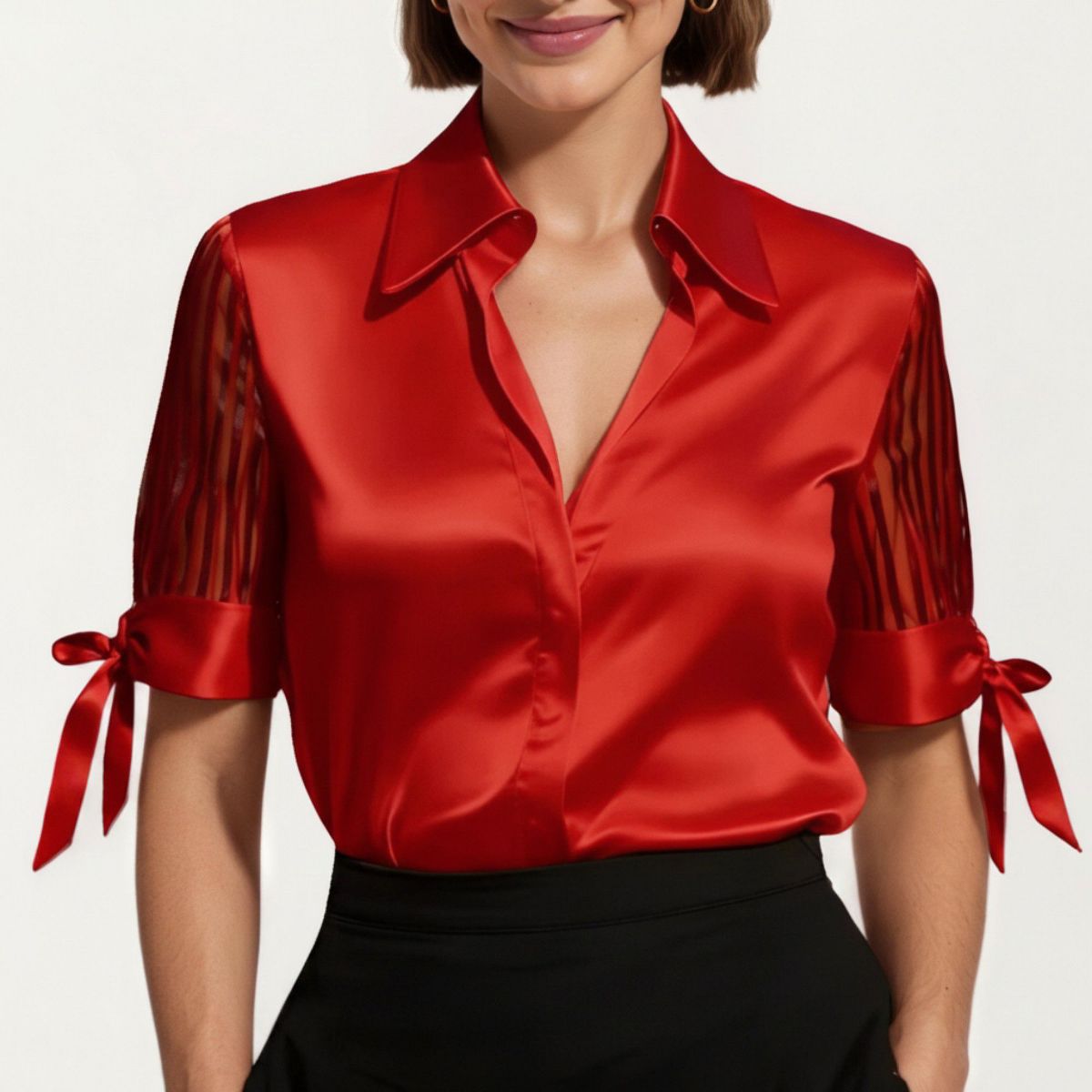 Anna-Kaci Women's Satin Collared Blouse with Sheer Stripe Sleeves and Bow Tie Cuffs - thumbnail 7