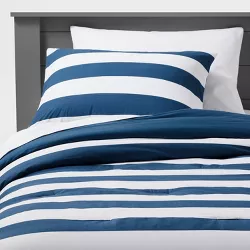 Twin Rugby Stripe Cotton Comforter Set Navy - Pillowfort™