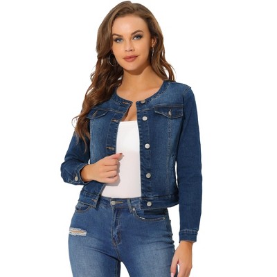 Allegra K Women s Denim Button Down Collarless Long Sleeve Jean Jackets Dark Blue Small