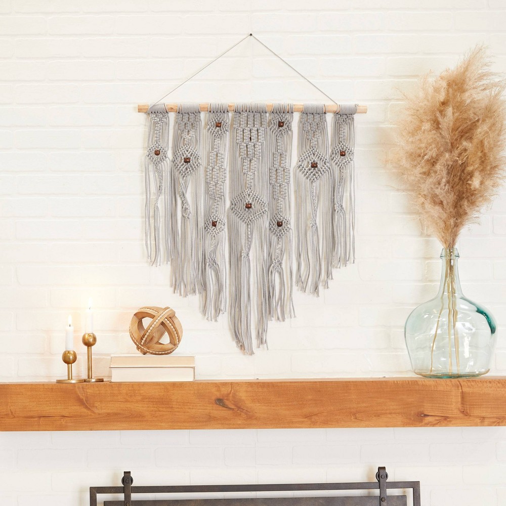 Photos - Wallpaper Cotton Macrame Waved Intricately Wall Decor with Beaded Fringe Tassels Gra