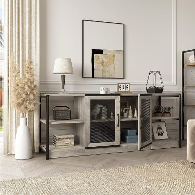Farmhouse TV Stand , Industrial Entertainment Center With Double Mesh Doors and Storage Cabinet, Rustic Media Console Table for Living Room, Grey