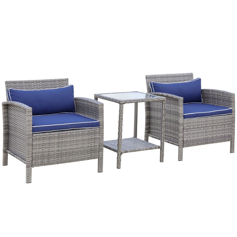 Outsunny 3 Pcs Rattan Wicker Bistro Set with Soft Cushions, Outdoor Conversation Coffee Sets with Glass Table Top and Open Storage Shelf for Patio, Backyard, Garden, 5 of 8
