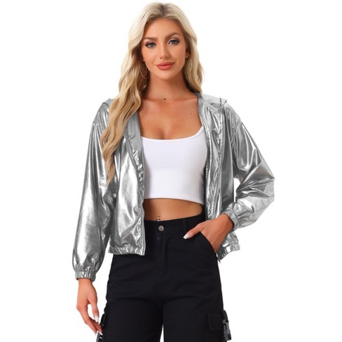 INSPIRE CHIC Women's Holographic Shiny Long Sleeve Zipper Hooded Metallic Jacket - image 1 of 4