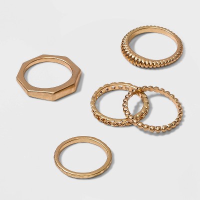 Chain Textured and Beaded Ring Set 5pc - Universal Thread™ Gold