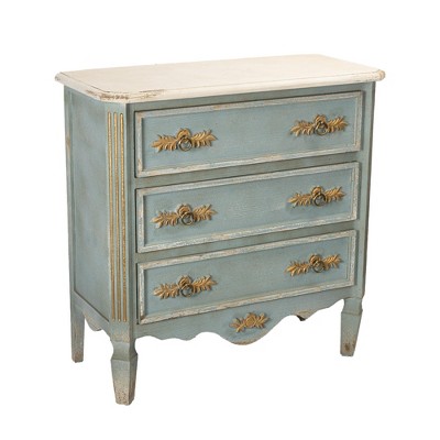 Charming Blue and Gold 3-Drawer Chest with Floral Accents and Distressed Finish, Vintage Style Furniture, 1pc