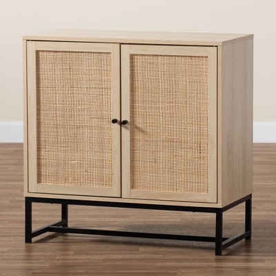 Mid-Century Modern Caterina 32" Brown Rattan Storage Cabinet