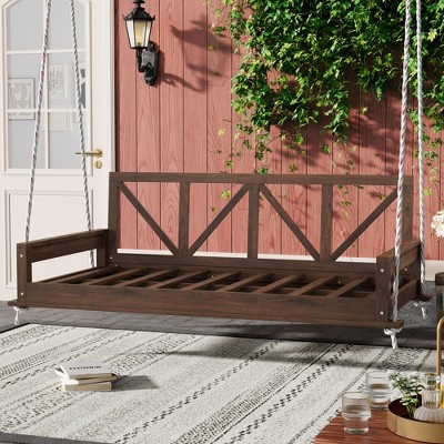 Twin Size Acacia Wood Patio Swing Bed with 16.4ft Hemp Ropes, Modern Hanging Porch Swing Frame for Garden, Backyard - ModernLuxe
