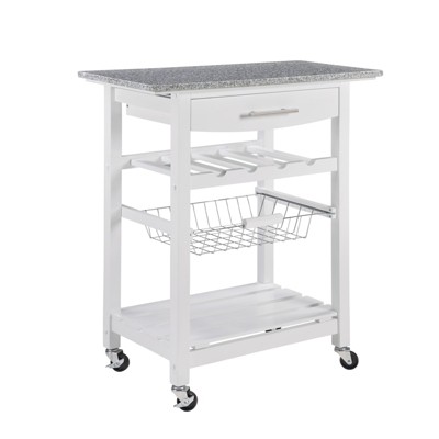 FONTOI Mobile Kitchen Island with Underneath Drawer, Rolling Trolley Serving Cart Slide-Out Wire Storage Basket, White, 15.75"*33.55"*30"