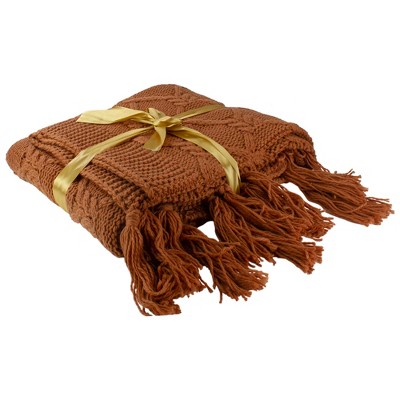 Golden Ochre Cotton Knit Throw Blanket with Tassels