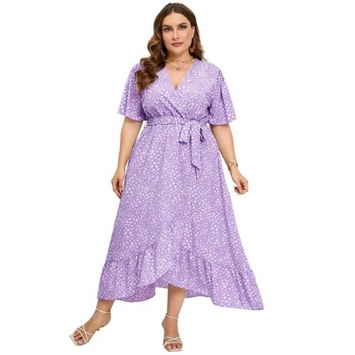 Womens Plus Size Floral Dress V Neck Wrap Dresses Short Sleeve Ruffle  Belted Dress With Ruffled Hem Plus Size Wedding Guest Dress,purple Floral -  5xl : Target