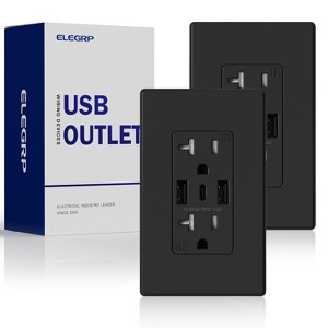 ELEGRP 3 Ports Dual Type A & Type C USB Charger Wall Outlet, 20 Amp Tamper-Resistant Outlet, with Wall Plate, Black(2 Pack) - 1 of 1
