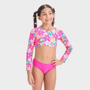 Girls' Floral Printed Rash Guard Bikini Set - Cat & Jack™ Pink - 1 of 3