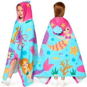 Joyfy Mermaid-Themed Hooded Bath Towels for Kids - 30" x 50" Soft 100% Cotton Beach Towel for Girls Aged 3-10, Beach Pulover, Swim Towel and Bath Wrap - 1 of 4