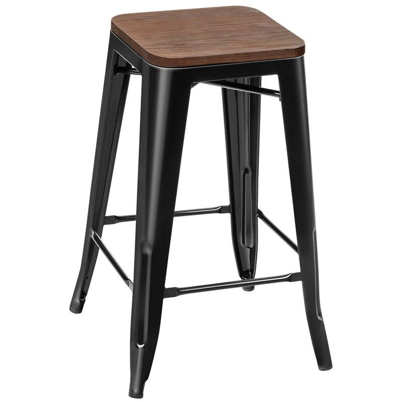 Costway Set of 4 Counter Height Backless Barstool 26'' Metal Stackable Stool w/Wood Seat, 5 of 13