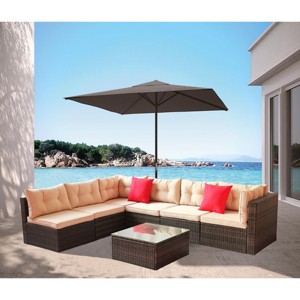 Sapphtopaz Patio Furniture Set Wicker Sectional Conversation Chairs with Cushions Coffee Table with Glass Table Top for Terrace, Garden - 1 of 4
