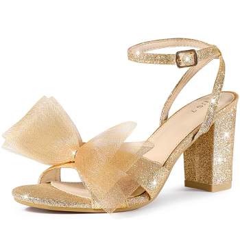 Perphy Women's Glitter Mesh Bow Chunky High Heel Slingback Ankle Strap Sandals