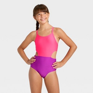 Girls' Sleeveless Colorblock One Piece Swimsuit - Cat & Jack™ Pink/Purple - 1 of 3