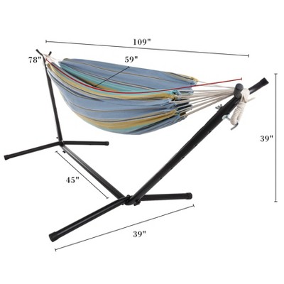 Double Brazilian Hammock with Stand in Blue, Yellow, and White Stripes