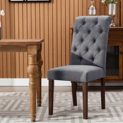 Set of 2 Tufted Upholstered Dining Chairs with High Back and Wood Legs, Fabric Parsons Side Chairs for Kitchen or Dining Room