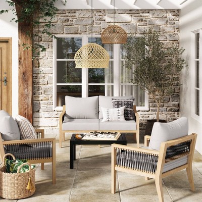 Freya Light Brown Acacia Wood Outdoor Seating Set with Gray Cushions