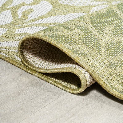 Sage Green and Cream Floral Flat Weave 5' Square Indoor/Outdoor Rug