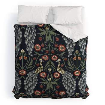 King Emanuela Carratoni Peacocks and Berries Polyester Comforter + Pillow Shams Blue - Deny Designs
