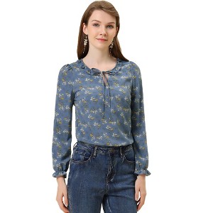 Allegra K Women's Floral Tie Neck Frilly Trim Long Sleeve Chiffon Blouse - 1 of 4