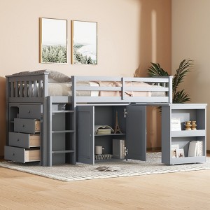Twin Loft Bed with Pull-Out Desk, 4-Drawer and Shelf Cabinets, Rubber Wood Frame with Safety Guardrail and Ladder, Gray/White - ModernLuxe - 1 of 4