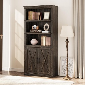 Farmhouse Book Shelf with Door, 5 Tier Wooden Book Case with Storage, 68.7" Tall Display Shelf for Living Room, Home Office - 1 of 4